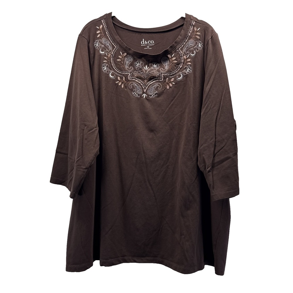 Denim & Co Women's Tunic Top Size 1X Plus Solid Brown Embroidered 3/4 Sleeves